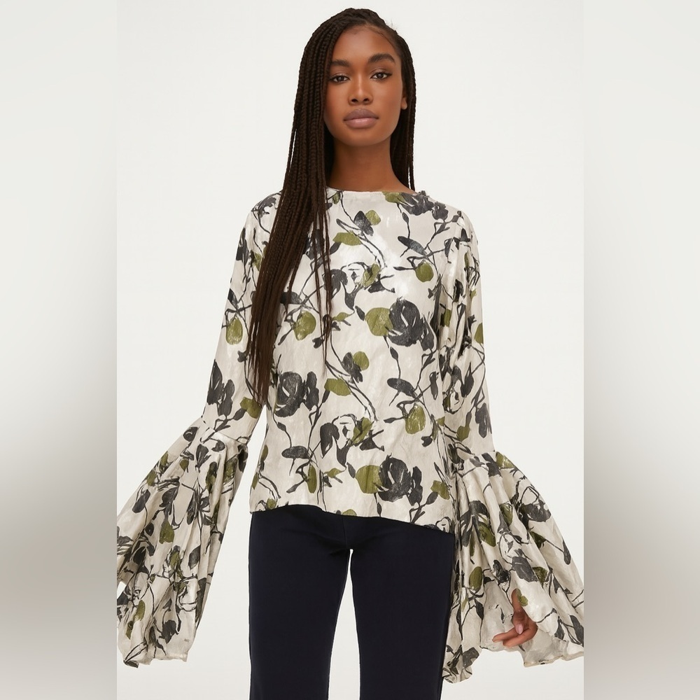 Tanya Taylor green floral metallic bell sleeve blouse